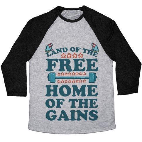 Virgin Teez Baseball Tee Unisex Tri-Blend Baseball Tee / small / Athletic Gray / Black LAND OF THE FREE. HOME OF THE GAINS! UNISEX TRI-BLEND BASEBALL TEE