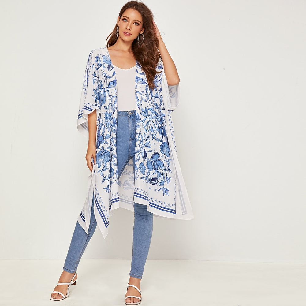 Floral Print Contrast Tape Kimono