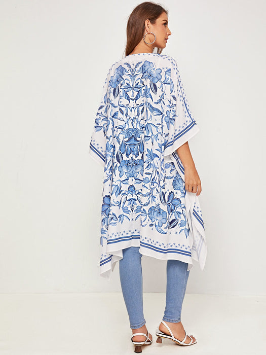 Floral Print Contrast Tape Kimono