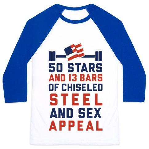 Virgin Teez  Baseball Tee 50 STARS AND 13 BARS OF CHISELED STEEL AND SEX APPEAL UNISEX CLASSIC BASEBALL TEE