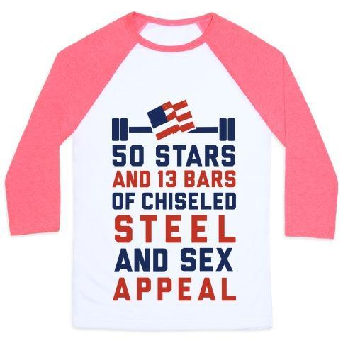 Virgin Teez  Baseball Tee 50 STARS AND 13 BARS OF CHISELED STEEL AND SEX APPEAL UNISEX CLASSIC BASEBALL TEE