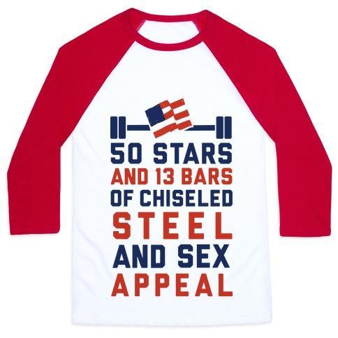 Virgin Teez  Baseball Tee 50 STARS AND 13 BARS OF CHISELED STEEL AND SEX APPEAL UNISEX CLASSIC BASEBALL TEE