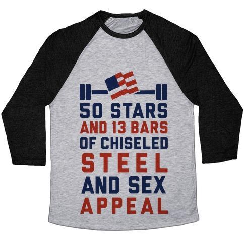 Virgin Teez  Baseball Tee 50 STARS AND 13 BARS OF CHISELED STEEL AND SEX APPEAL UNISEX TRI-BLEND BASEBALL TEE