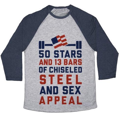 Virgin Teez  Baseball Tee 50 STARS AND 13 BARS OF CHISELED STEEL AND SEX APPEAL UNISEX TRI-BLEND BASEBALL TEE