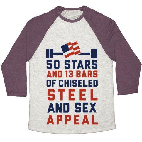Virgin Teez  Baseball Tee 50 STARS AND 13 BARS OF CHISELED STEEL AND SEX APPEAL UNISEX TRI-BLEND BASEBALL TEE