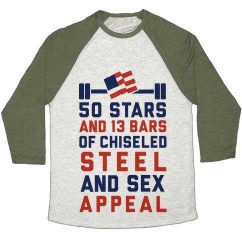 Virgin Teez  Baseball Tee 50 STARS AND 13 BARS OF CHISELED STEEL AND SEX APPEAL UNISEX TRI-BLEND BASEBALL TEE