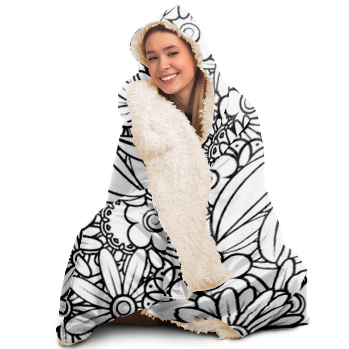Floral BW Mandala Pattern Hooded Blanket