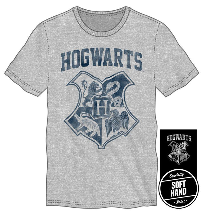 Harry Potter Hogwarts Crest Four Houses Gryffindor Slytherin Hufflepuff Ravenclaw Men's Gray T-Shirt