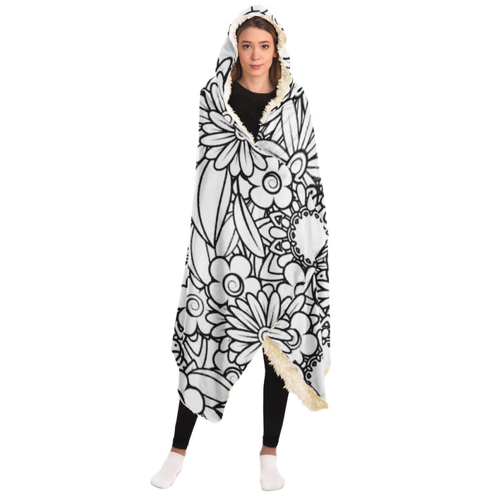 Floral BW Mandala Pattern Hooded Blanket