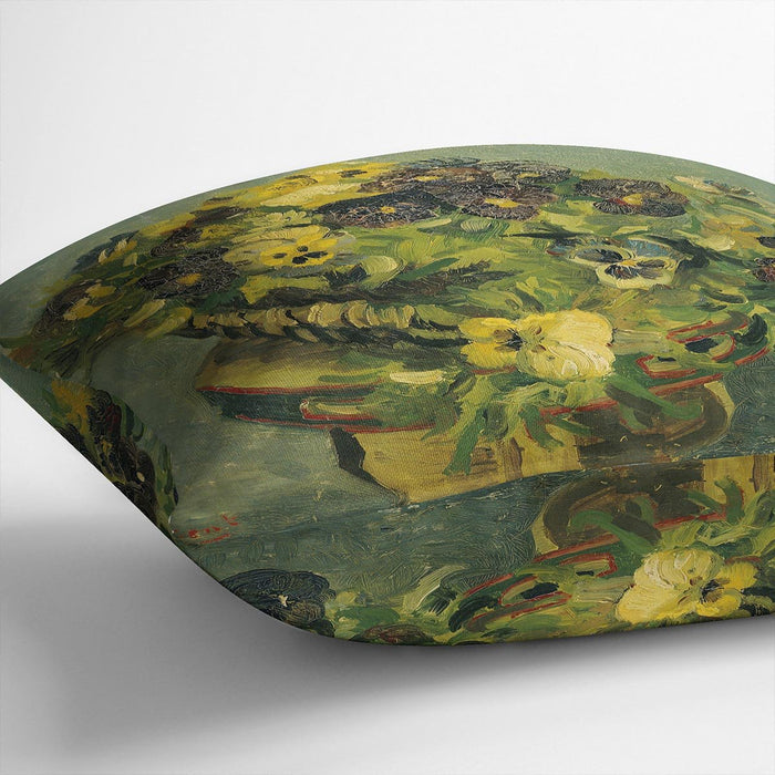 Basket of pansies on a small table by Van Gogh Cushion