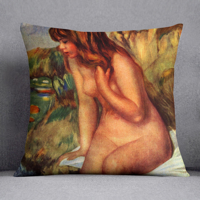 Bathing sitting on a rock by Renoir Cushion