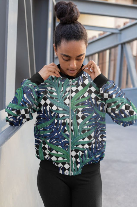 Checkerboard Palm Blue Bomber Jacket