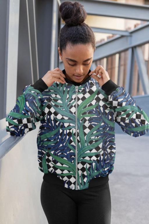 Checkerboard Palm Blue Bomber Jacket