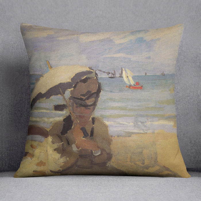 Camille Monet on the beach at Trouville by Monet Cushion