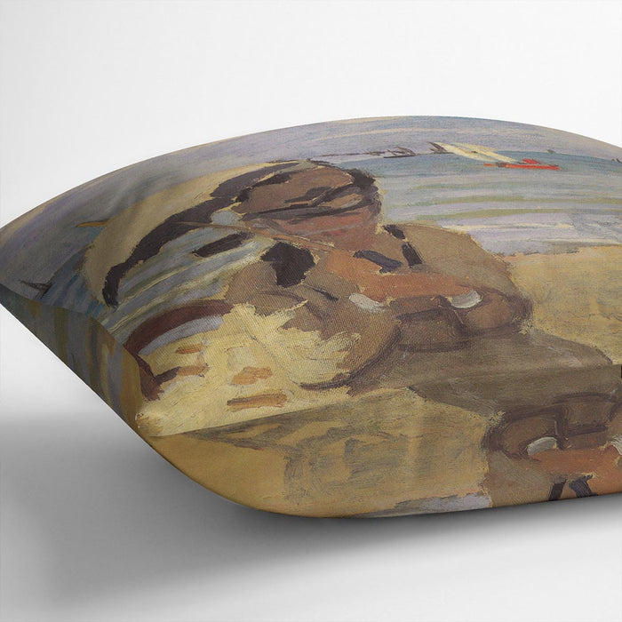 Camille Monet on the beach at Trouville by Monet Cushion