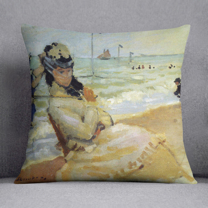 Camille on the beach at Trouville by Monet Cushion