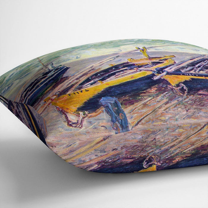 Dock of etretat three fishing boats by Monet Cushion