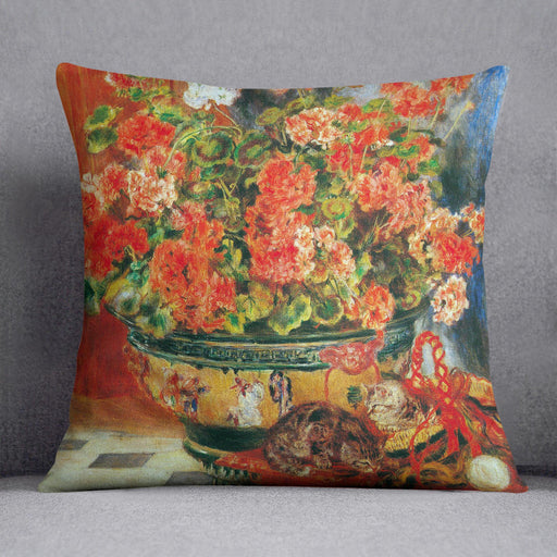 Geraniums and cats by Renoir Cushion