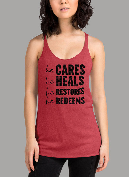 He Cares He Heals He Restores He Redeems Black Women's Tank Top