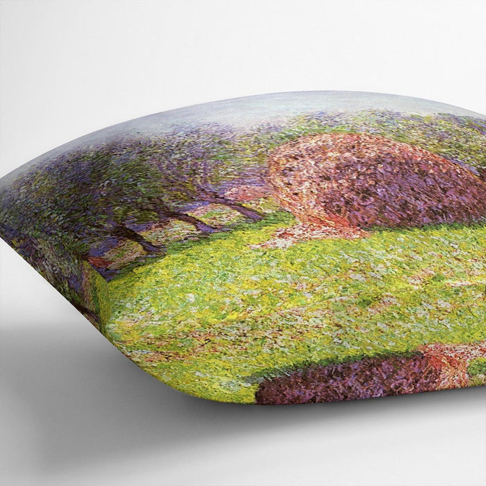 Heap of hay in the field by Monet Cushion