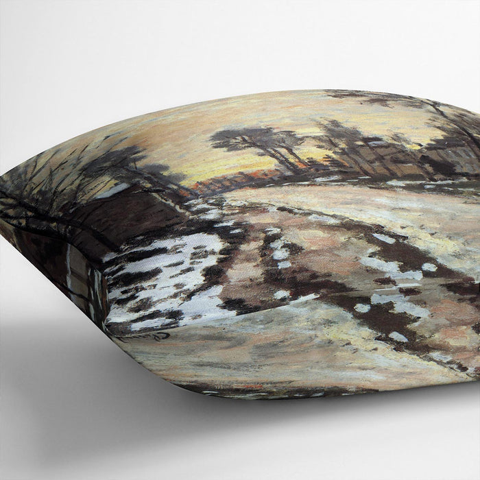 Road to Louveciennes melting snow children sunset by Monet Cushion