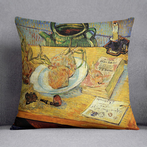 Still Life Drawing Board Pipe Onions and Sealing-Wax by Van Gogh Cushion