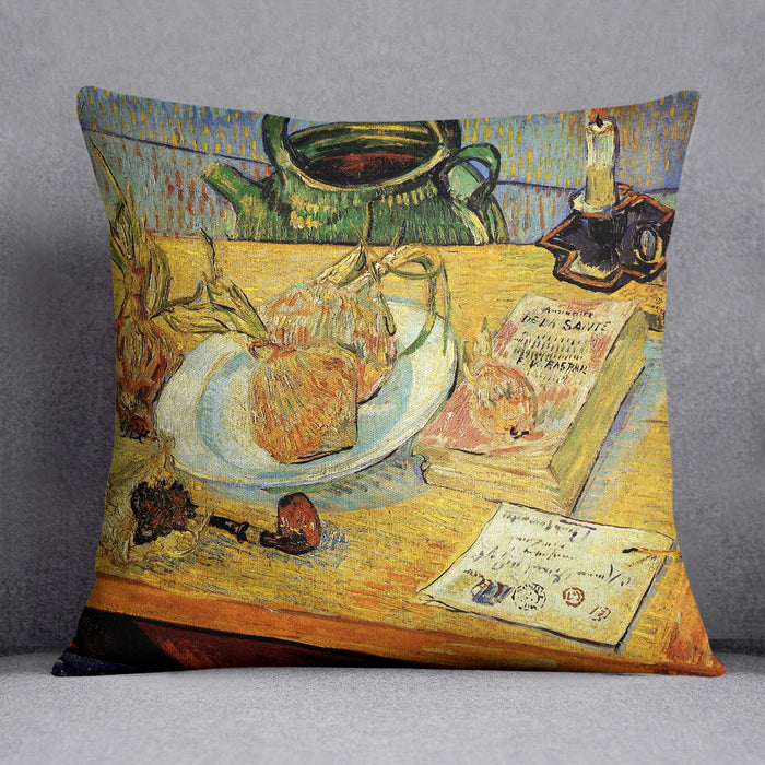 Still Life Drawing Board Pipe Onions and Sealing-Wax by Van Gogh Cushion