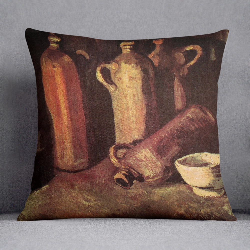 Still Life with Four Stone Bottles Flask and White Cup by Van Gogh Cushion