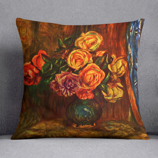 Still life roses before a blue curtain by Renoir Cushion