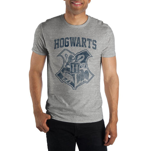 Harry Potter Hogwarts Crest Four Houses Gryffindor Slytherin Hufflepuff Ravenclaw Men's Gray T-Shirt