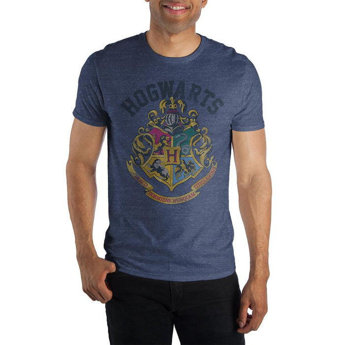Harry Potter Hogwarts Crest and Motto Draco Dormiens Nunquam Titillandus Men's Blue T-Shirt