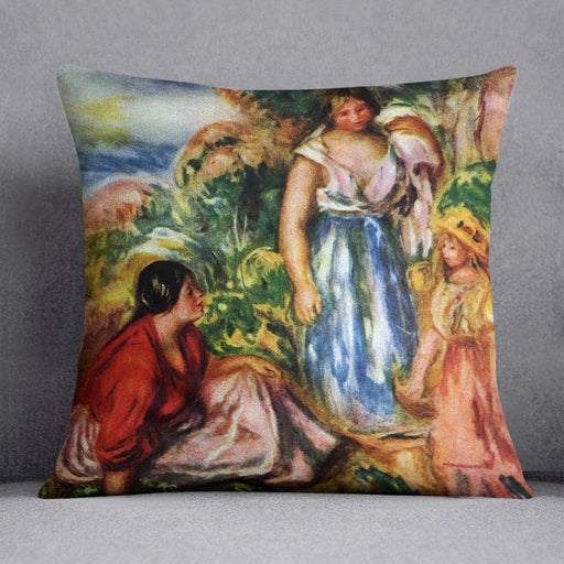 Two women with young girls in a landscape by Renoir Cushion