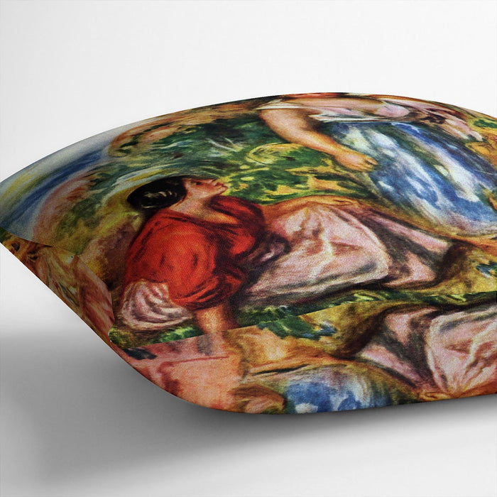 Two women with young girls in a landscape by Renoir Cushion