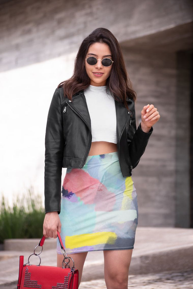 Brush painting texture abstract in blue pink yellow green Pencil Skirt