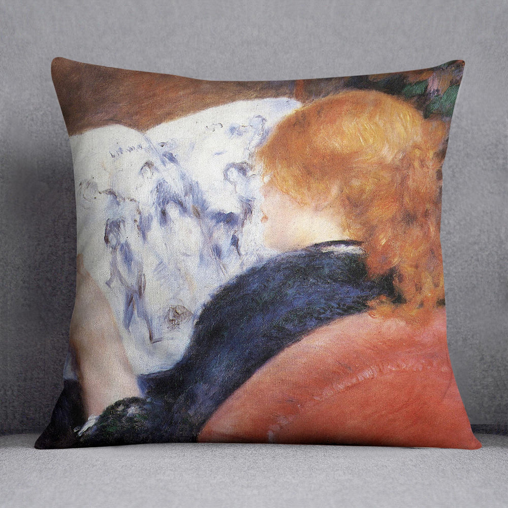 Young woman reads illustrated journal by Renoir Cushion