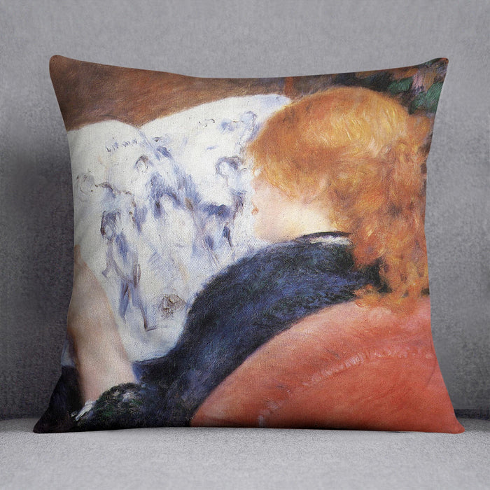 Young woman reads illustrated journal by Renoir Cushion