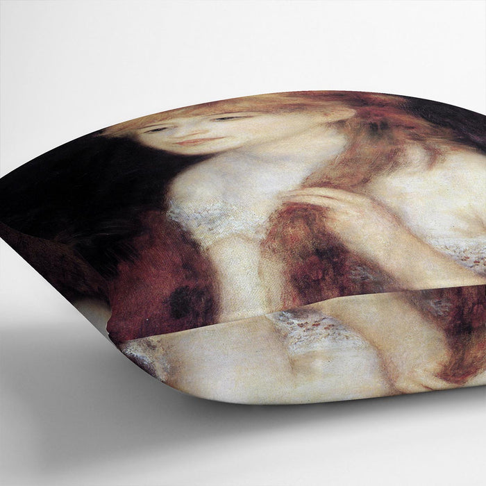 Young woman strokes her hair by Renoir Cushion