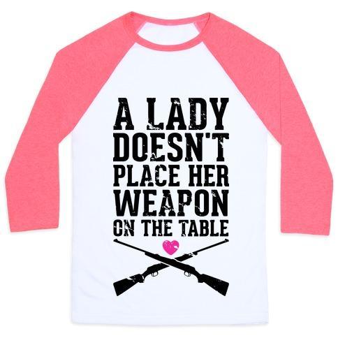 Virgin Teez  Baseball Tee Unisex Classic Baseball Tee / x-small / White/Neon Pink A LADY DOESN'T PLACE HER WEAPON ON THE TABLE UNISEX CLASSIC BASEBALL TEE