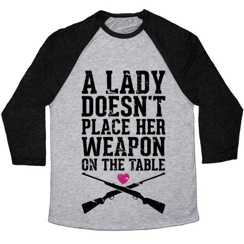 Virgin Teez  Baseball Tee Unisex Tri-Blend Baseball Tee / small / Athletic Gray / Black A LADY DOESN'T PLACE HER WEAPON ON THE TABLE UNISEX TRI-BLEND BASEBALL TEE