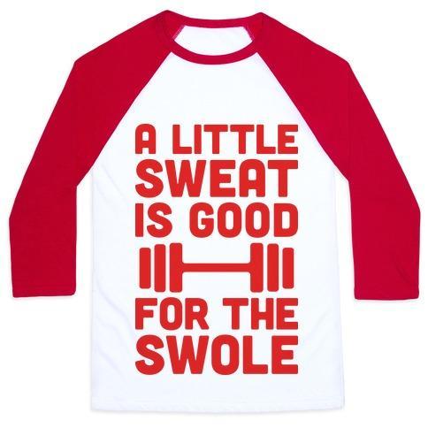 Virgin Teez  Baseball Tee Unisex Classic Baseball Tee / x-small / White/Red A LITTLE SWEAT IS GOOD FOR THE SWOLE UNISEX CLASSIC BASEBALL TEE