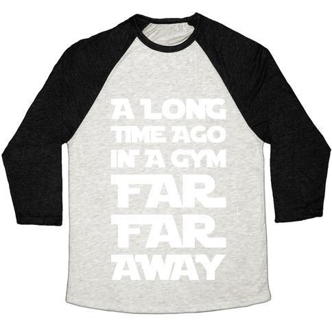 Virgin Teez  Baseball Tee Unisex Tri-Blend Baseball Tee / small / Oatmeal / Black A LONG TIME AGO IN A GYM FAR FAR AWAY UNISEX TRI-BLEND BASEBALL TEE