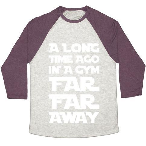 Virgin Teez  Baseball Tee Unisex Tri-Blend Baseball Tee / small / Oatmeal / Maroon A LONG TIME AGO IN A GYM FAR FAR AWAY UNISEX TRI-BLEND BASEBALL TEE