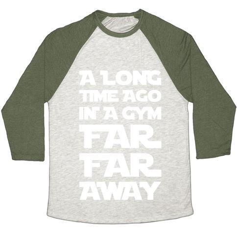 Virgin Teez  Baseball Tee Unisex Tri-Blend Baseball Tee / small / Oatmeal / Moss A LONG TIME AGO IN A GYM FAR FAR AWAY UNISEX TRI-BLEND BASEBALL TEE