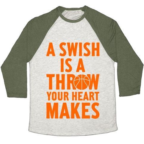 Virgin Teez  Baseball Tee Unisex Tri-Blend Baseball Tee / small / Oatmeal / Moss A SWISH IS A THROW YOUR HEART MAKES UNISEX TRI-BLEND BASEBALL TEE