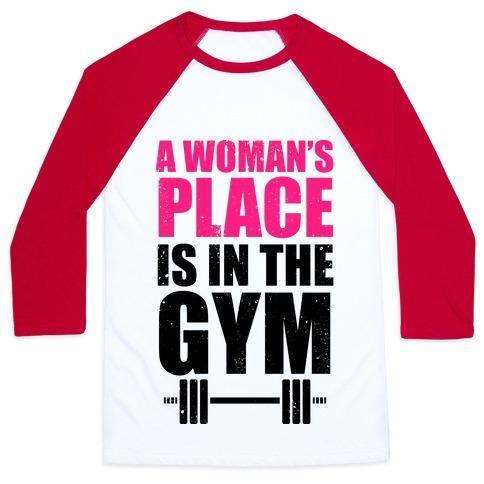 Virgin Teez  Baseball Tee Unisex Classic Baseball Tee / x-small / White/Red A WOMAN'S PLACE IS IN THE GYM UNISEX CLASSIC BASEBALL TEE