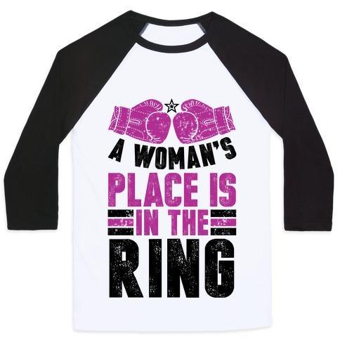 Virgin Teez  Baseball Tee Unisex Classic Baseball Tee / x-small / White/Black A WOMAN'S PLACE IS IN THE RING UNISEX CLASSIC BASEBALL TEE