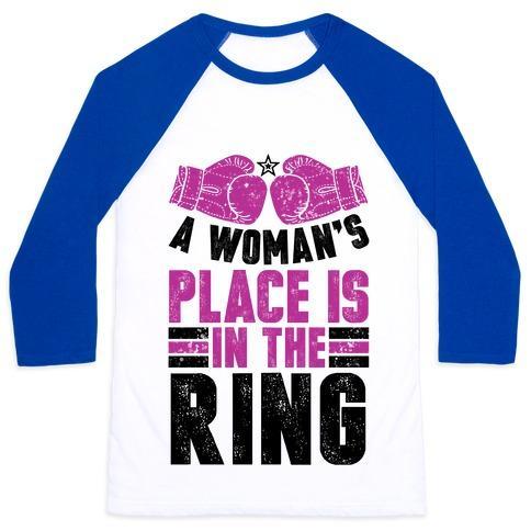 Virgin Teez  Baseball Tee Unisex Classic Baseball Tee / x-small / White/Blue A WOMAN'S PLACE IS IN THE RING UNISEX CLASSIC BASEBALL TEE