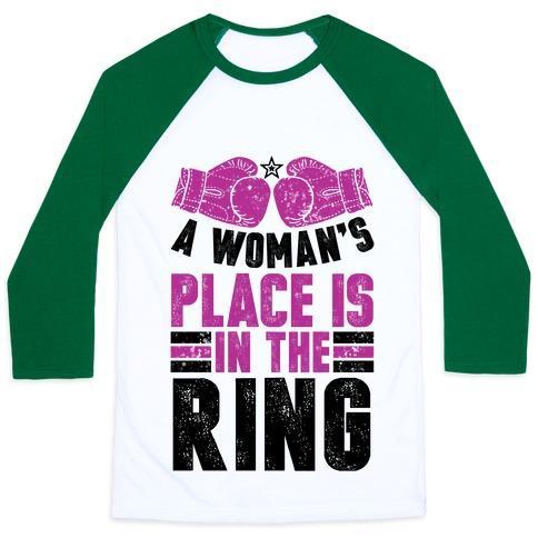 Virgin Teez  Baseball Tee Unisex Classic Baseball Tee / x-small / White/Dark Green A WOMAN'S PLACE IS IN THE RING UNISEX CLASSIC BASEBALL TEE