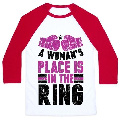Virgin Teez  Baseball Tee Unisex Classic Baseball Tee / x-small / White/Red A WOMAN'S PLACE IS IN THE RING UNISEX CLASSIC BASEBALL TEE