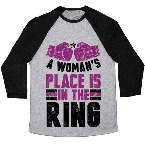 Virgin Teez  Baseball Tee Unisex Tri-Blend Baseball Tee / small / Athletic Gray / Black A WOMAN'S PLACE IS IN THE RING UNISEX TRI-BLEND BASEBALL TEE
